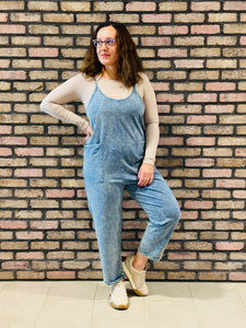 Washed Overalls with Pockets - Dusty Blue