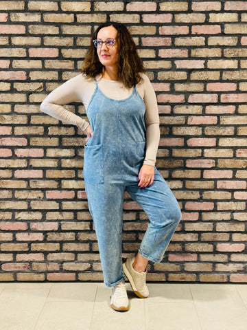 Washed Overalls with Pockets - Dusty Blue