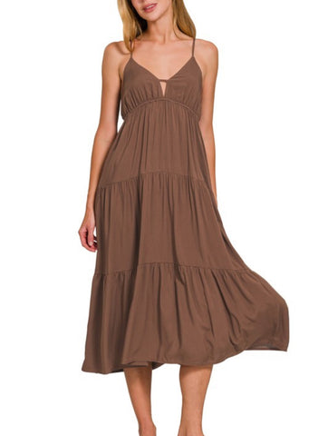 Sweetheart Neckline Cami Midi Dress - Brown