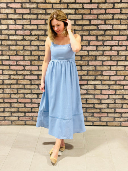 Line Lace Trim Midi Dress - Dusty Blue