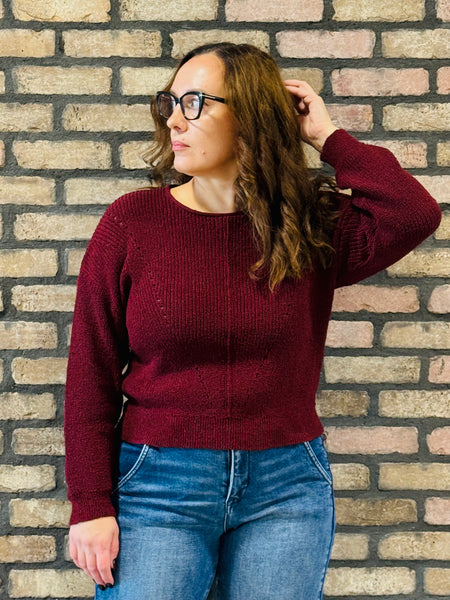 Pointelle V-Stitch Sweater - Oxblood