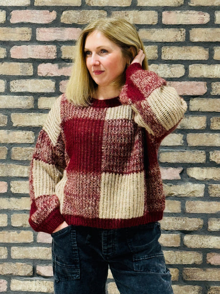 Plaid Pattern Sweater - Burgundy