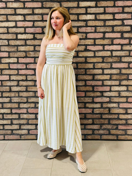 Striped Pleated Strapless Dress - Olive