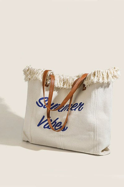 Summer Vibe fringe canvas tote bag - ivory