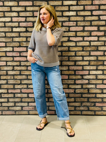 Striped Half Sleeve Sweater - Light Grey