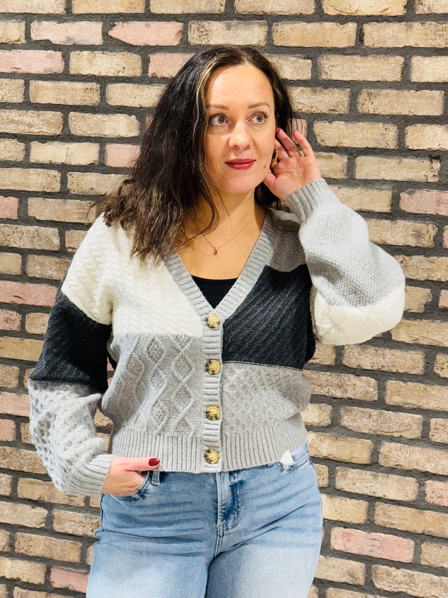 Colour Block Knit Cardigan - Grey Multi