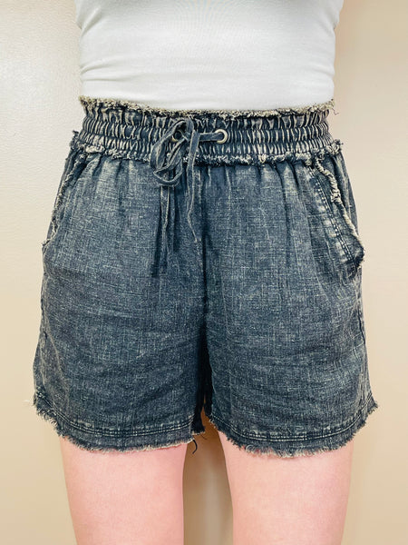 Washed Linen Frayed Hem Shorts - Ash Black