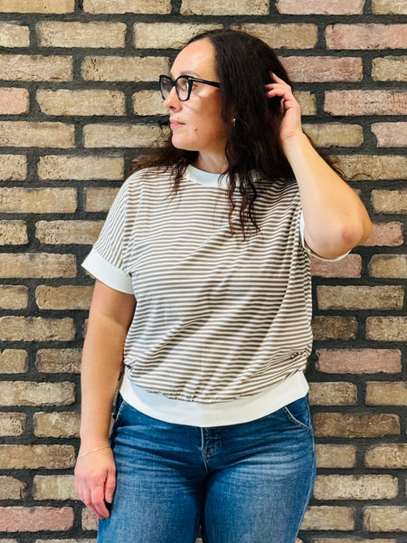 Striped Contrast Trim Top - Mocha