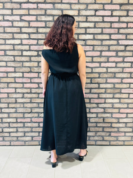 Asymmetrical Neckline A-line Dress - Black