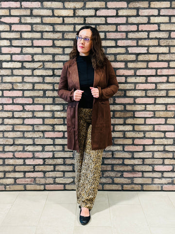 Open Front Faux Suede Jacket - Dark Brown
