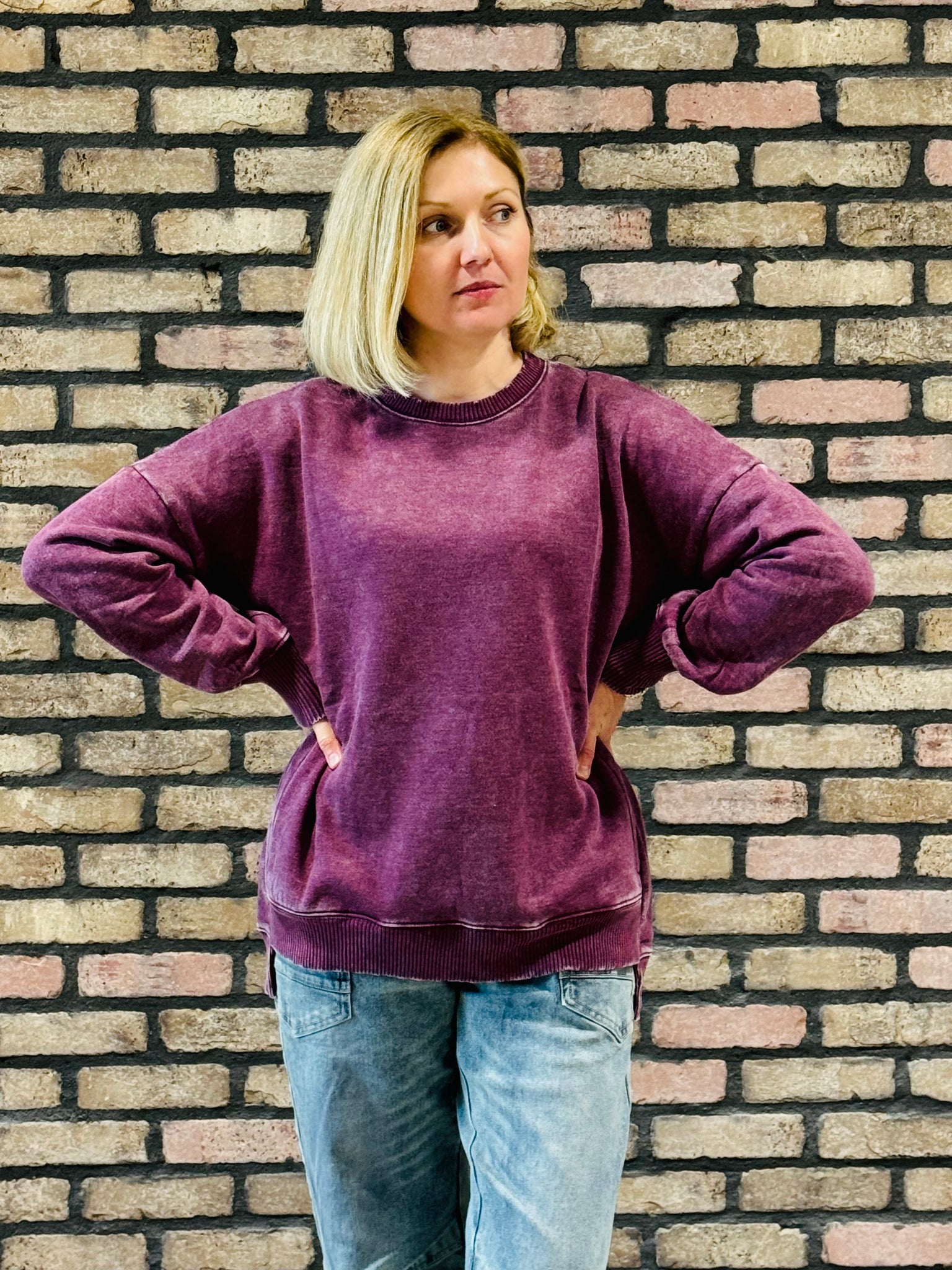 Acid Wash Fleece Pullover - Eggplant