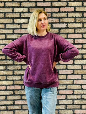 Acid Wash Fleece Pullover - Eggplant