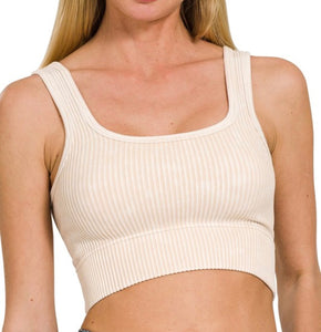 2 Way Neckline Ribbed Tank Top - Sand Beige