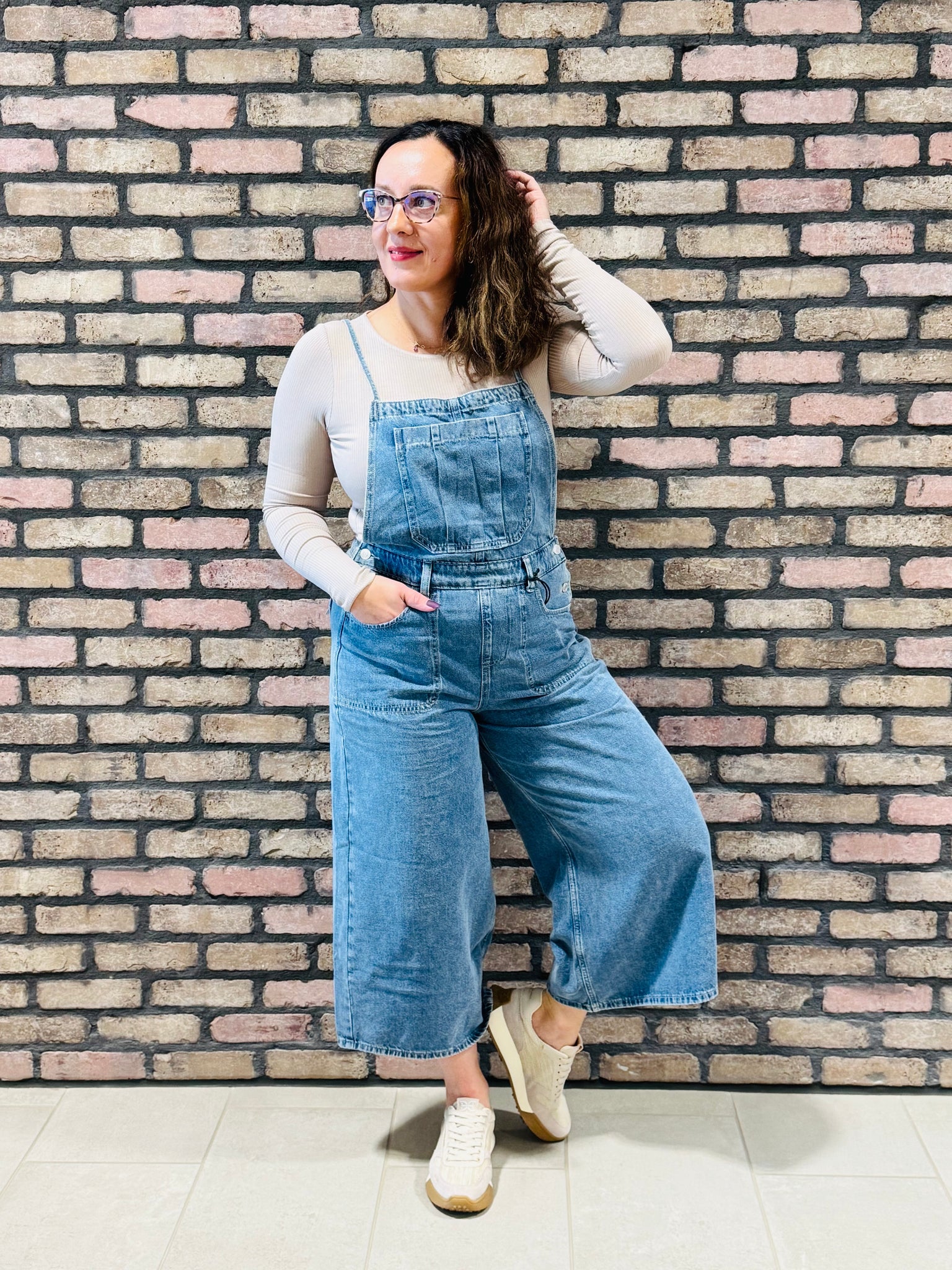 Denim Wide Leg Overalls - Medium Wash