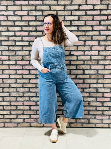 Denim Wide Leg Overalls - Medium Wash