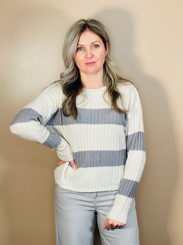 Round Neck Striped Sweater - Cream/Grey