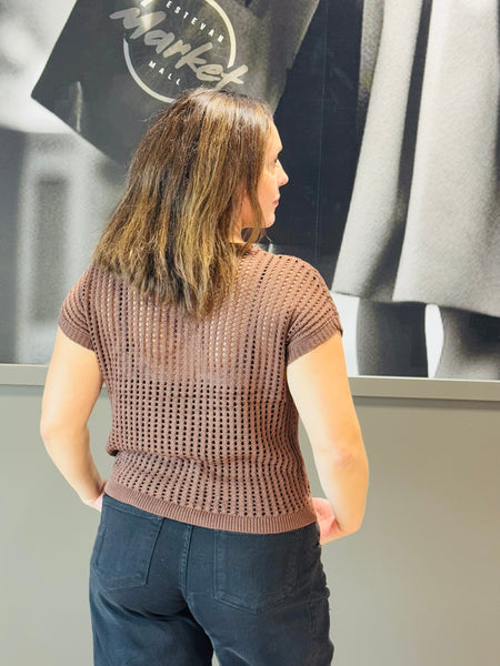 Crochet Sheer Hollow Sweater - Brown