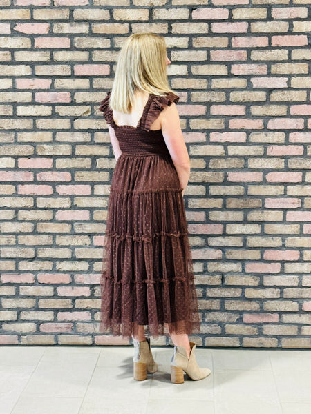 Polka Dot Chiffon Tiered Dress - Brown
