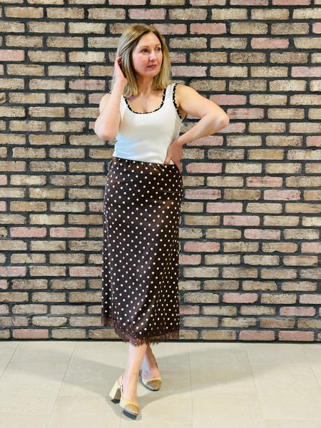 Polka Dot Lace Trim Satin Skirt - Brown