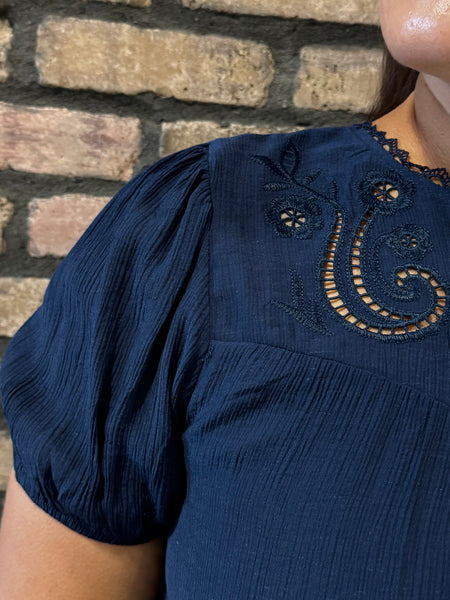 Eyelet Lace Trim Linen Top - Navy