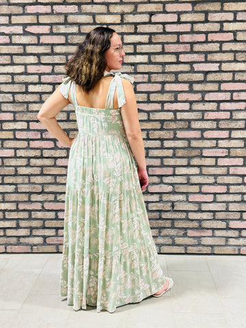 Leaves Print Tiered Dress - Sage