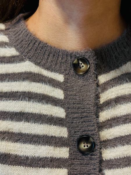 Striped Fuzzy Knit Cardigan - Mocha