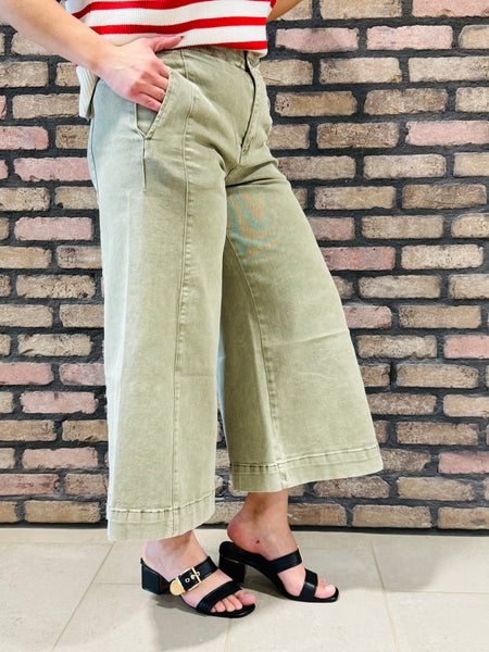 Cropped Gaucho Denim Pants - LT Olive