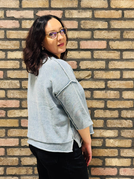 3/4 Sleeves Boxy Sweater - Dusty Blue