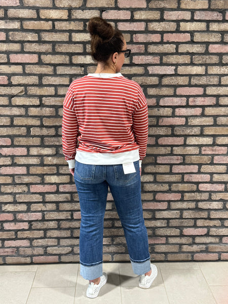 Striped Rib Banded Pullover - Rust