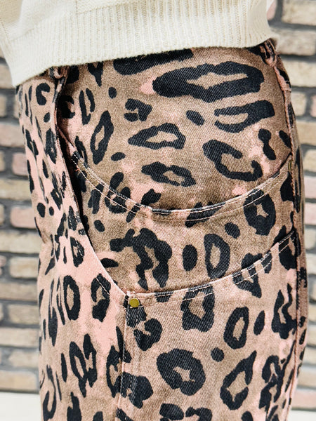 Vintage Wash Leopard Barrel Pants - Mocha/Mauve