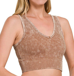 2 Way Neckline Ribbed Tank Top - Deep Camel