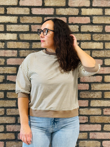 Striped Contrast Trim Top - Cream/Mocha