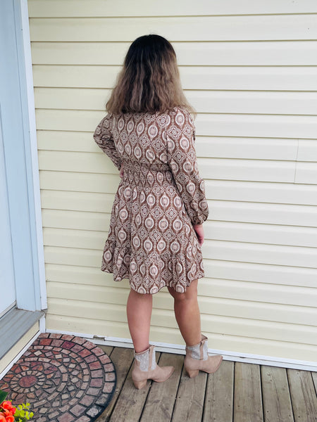 Paisley Print A-Line Dress - Brown Combo