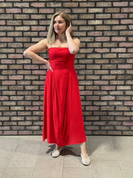 Strapless Gathered Detail Dress - Red