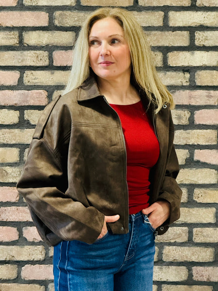 Faux Suede Collared Jacket - Dark Brown