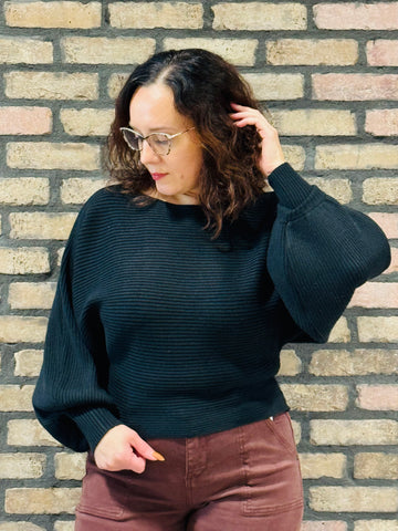 Boat Neck Balloon Sleeves Sweater - Black