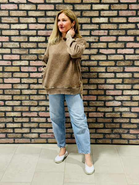Acid Wash Fleece Pullover - Mocha