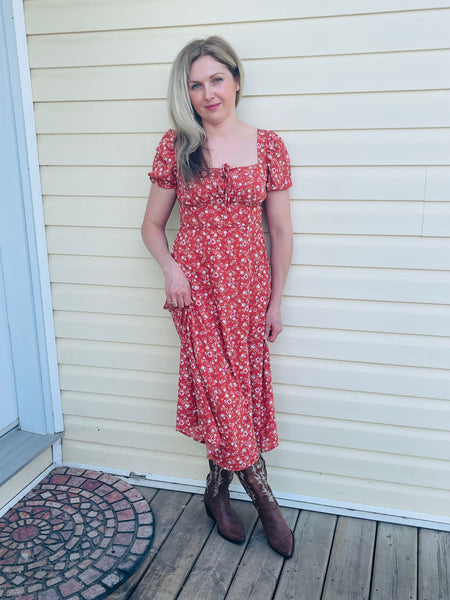 Floral Print Midi Dress - Brick