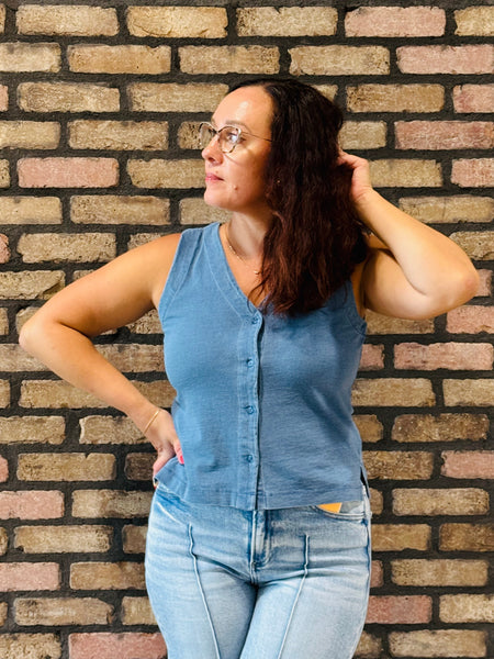 Side Slits Washed Vest Top - Dark Denim