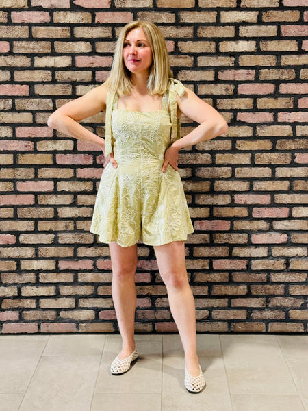 Floral Embroidery Tie Strap Romper - Light Sage