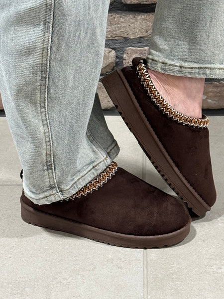 Embroidered Trim Mule Slippers - Chocolate