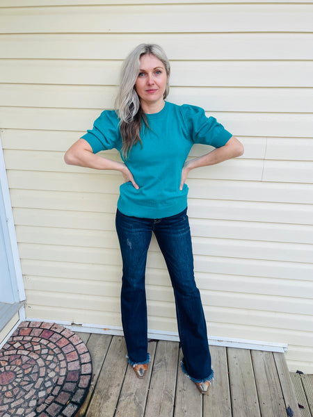 Puff Short Sleeves Sweater - LT Teal