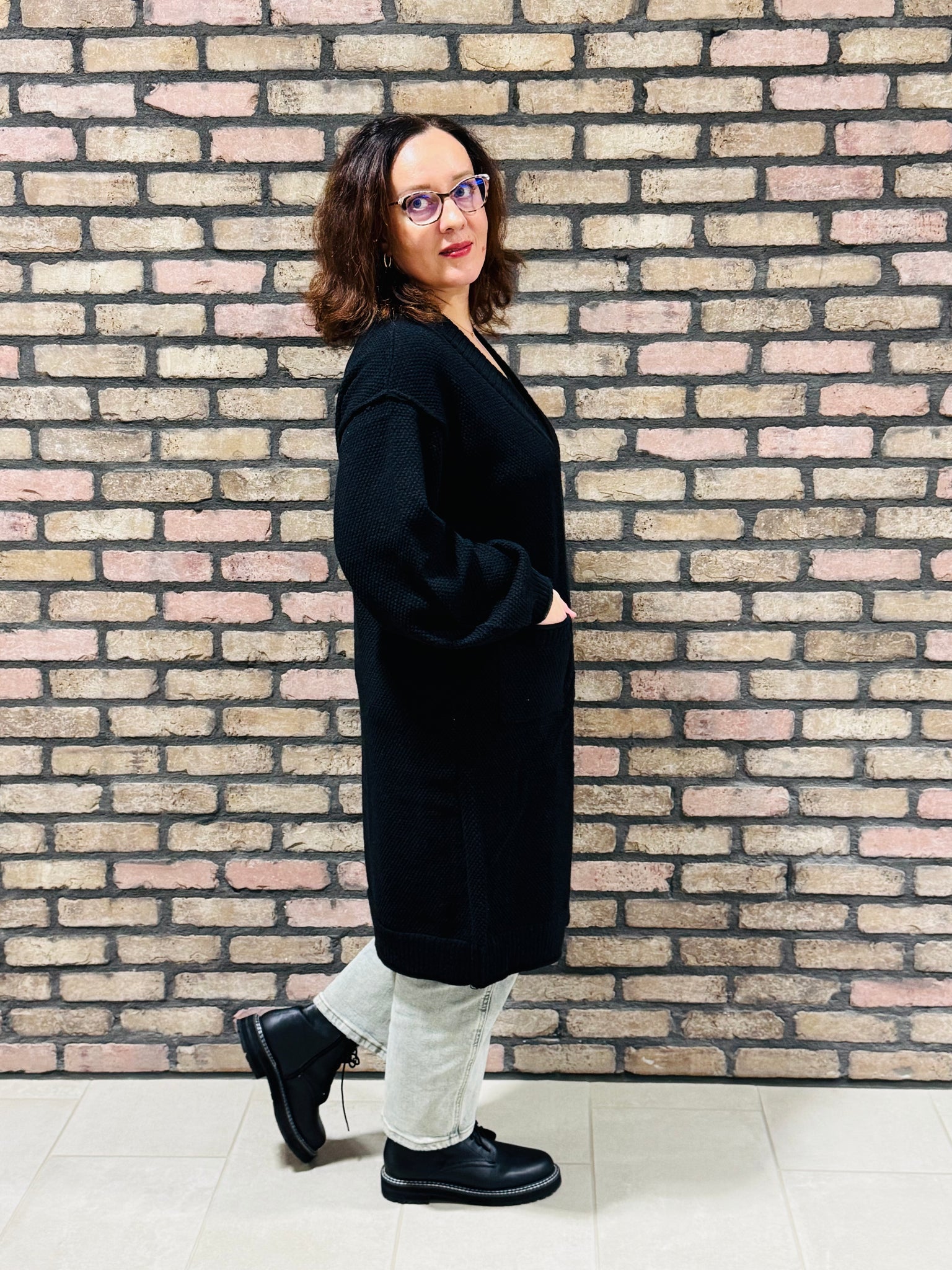 Textured Long Cardigan - Black