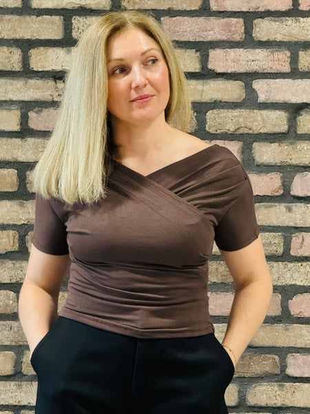 Surplice Draped V-Neck Top - Brown