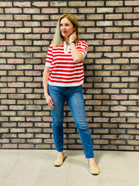 Split Neck Striped Pullover - Red