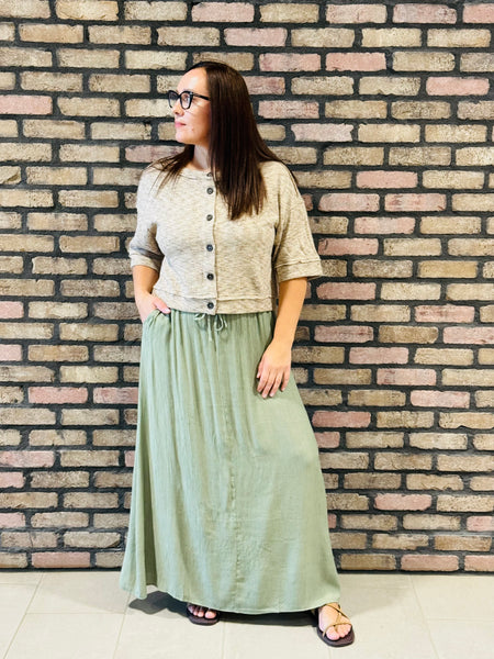 Crinkle Woven Long Skirt - Olive Green