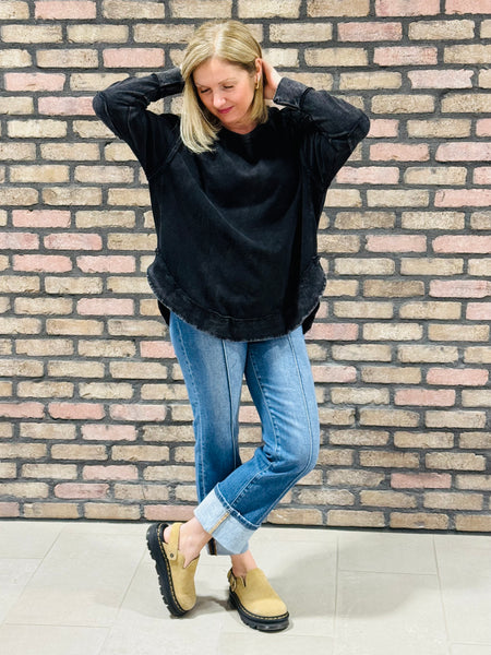 Mineral Wash Elbow Patch Top - Black