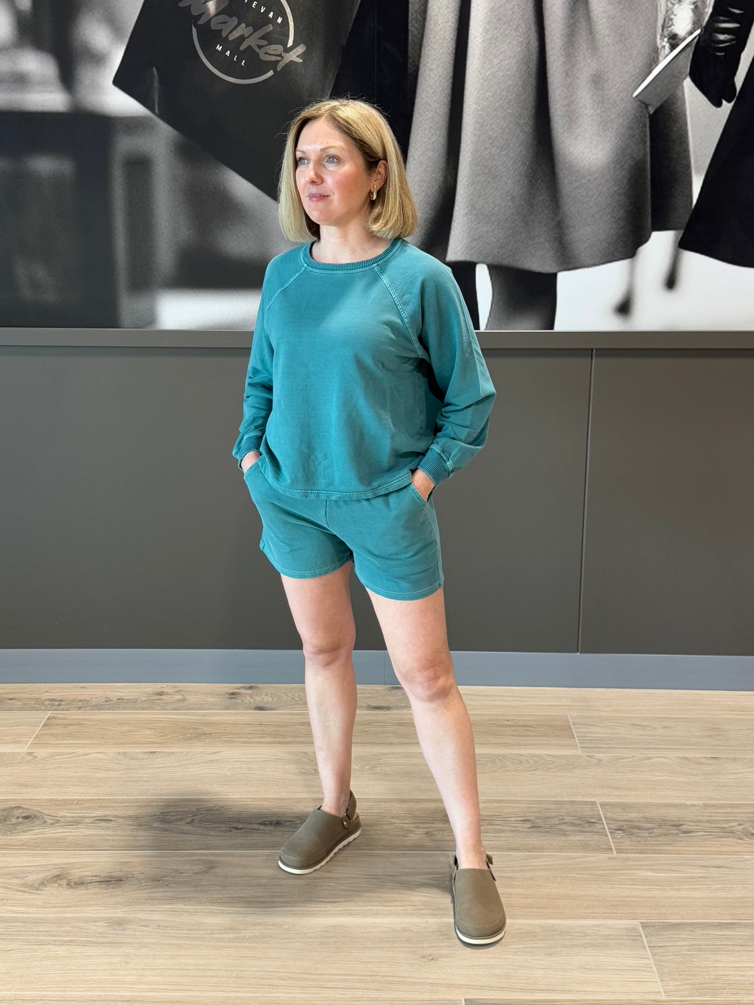 French Terry Pullover and Shorts Set - Teal