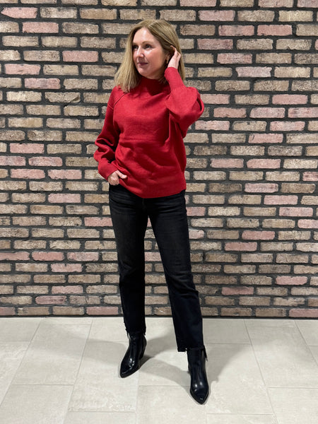 Mock Neck Exposed Seam Sweater - H Red