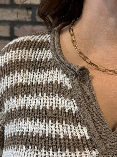 Split Neck Sheer Knit Pullover - Mocha